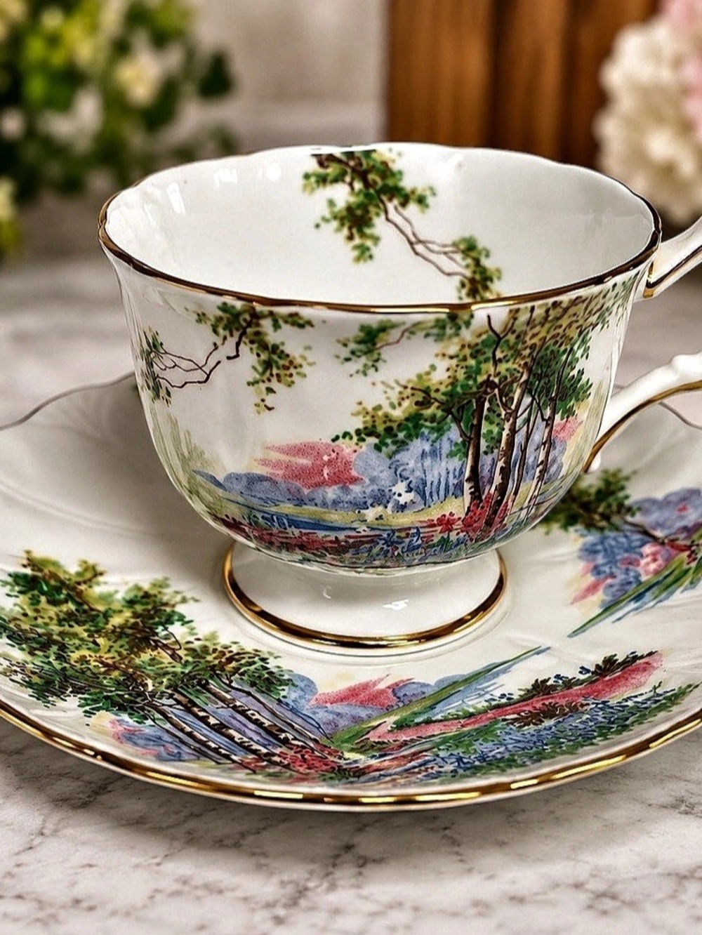 Vintage Aynsley England Bone China #26 Scenic Cup & Saucer Gold Trim Teacup